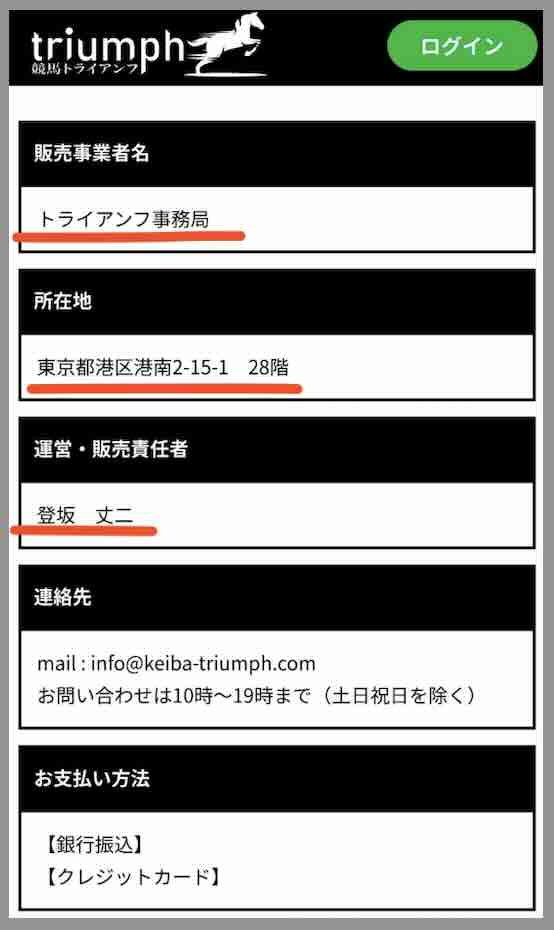 競馬トライアンフの特定商取引法に基づく表記